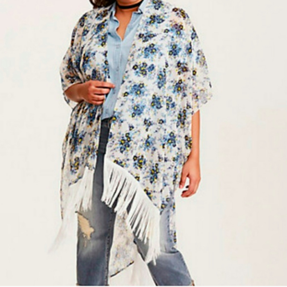 Torrid Floral Long Open FRINGE RUANA duster OS